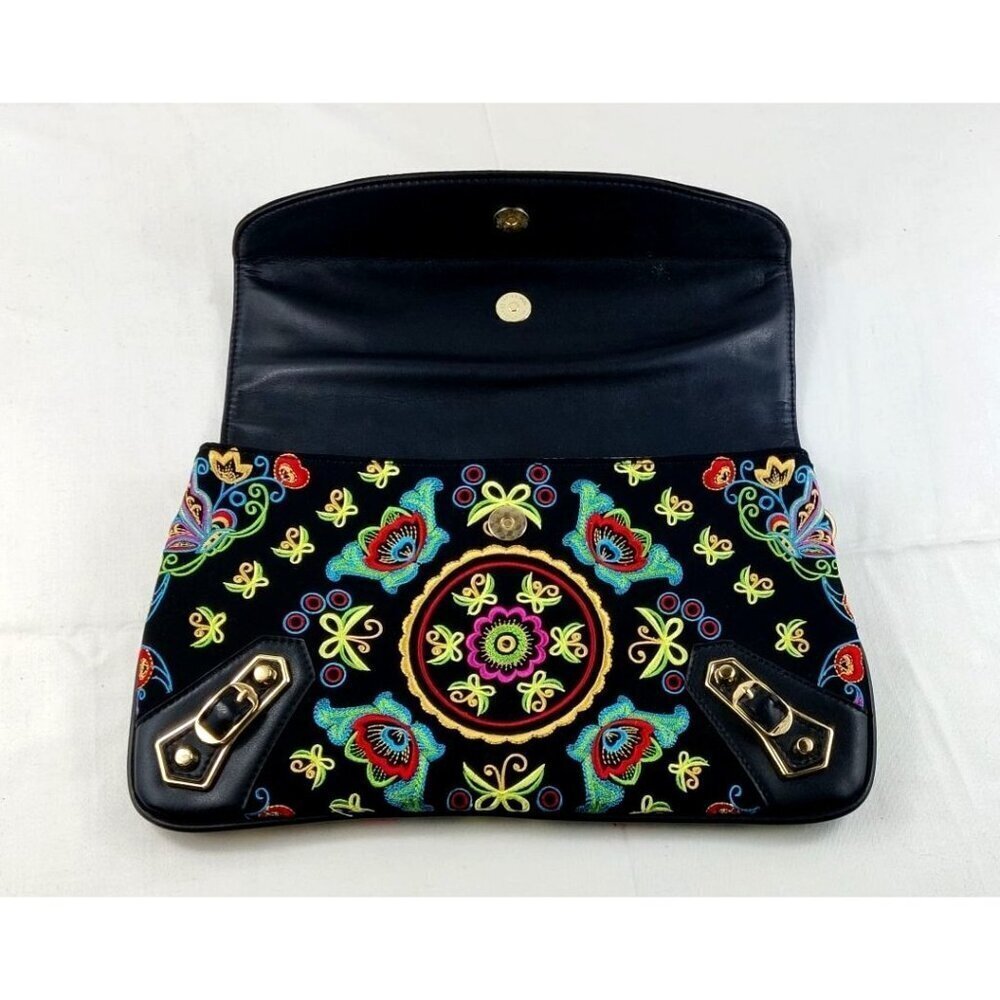 Fricaine Black Treasure Clutch Crossbody Luxury Boho Exotic Embroidered Flowers - Picture 6 of 12